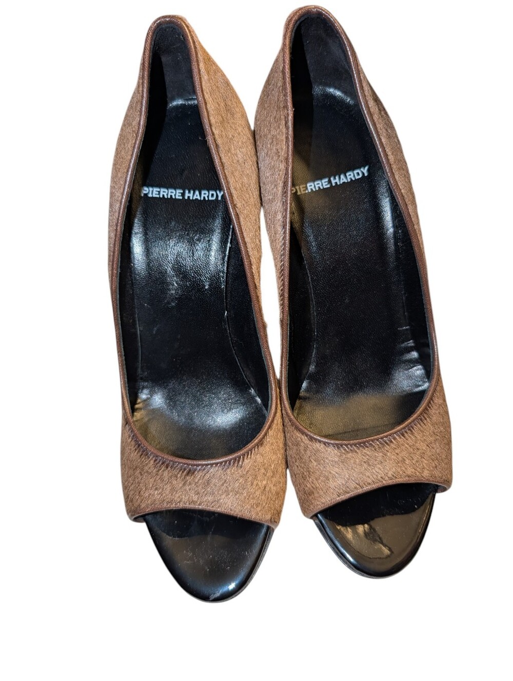 Pierre Hardy Brown and Black Calf Hair Peep-Toe Pumps